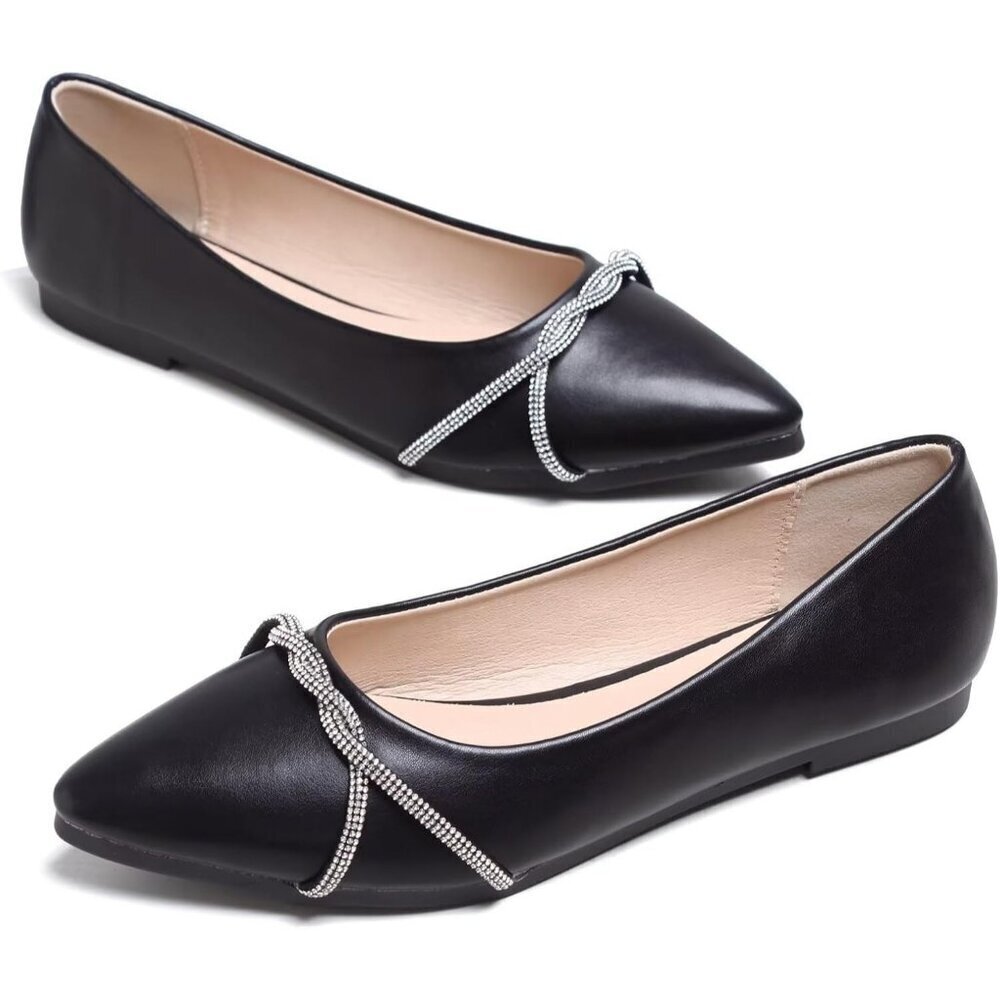 Women's Casual Flats Fashion Chain Pointed Toe Ballet Flat Rhinestone - Picture 2 of 7